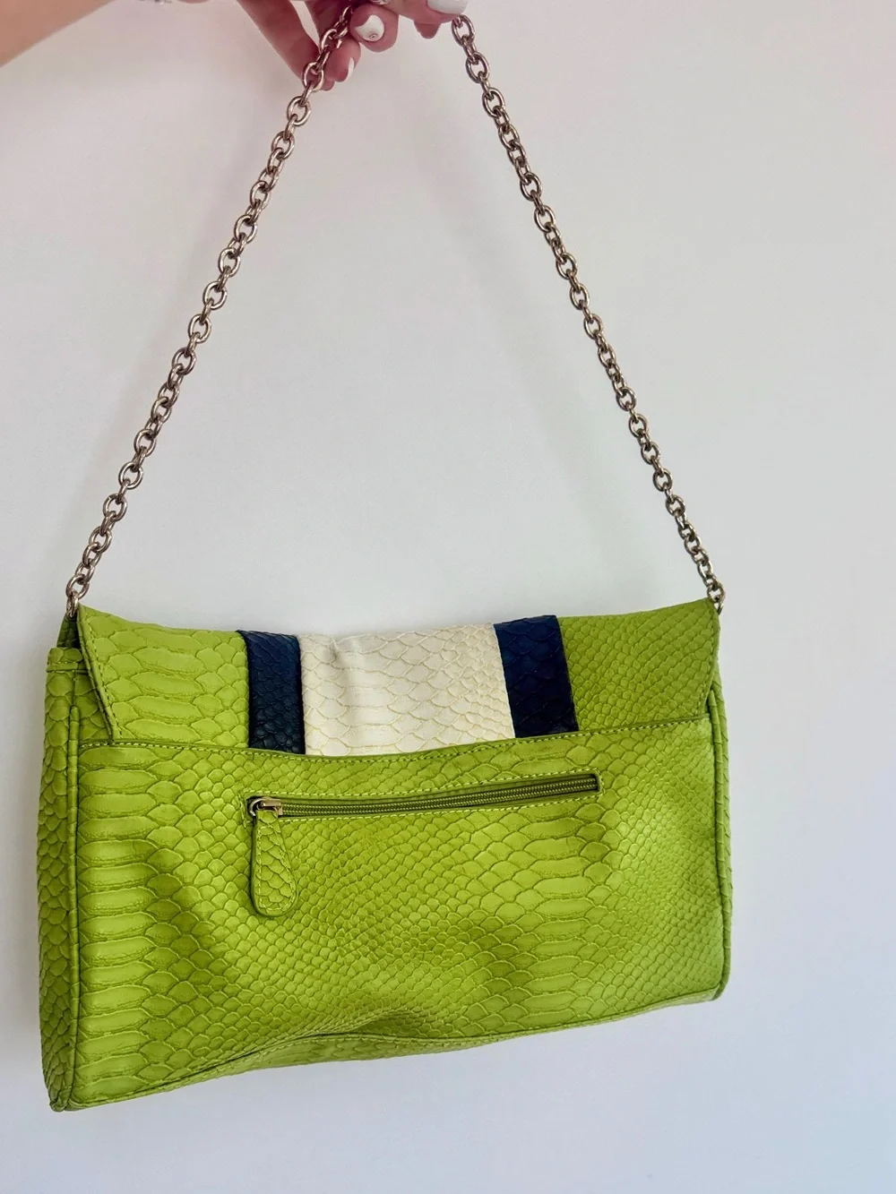 VINTAGE STRIPED SNAKE SKIN PYTHON Green color block contrast Shoulder Bag